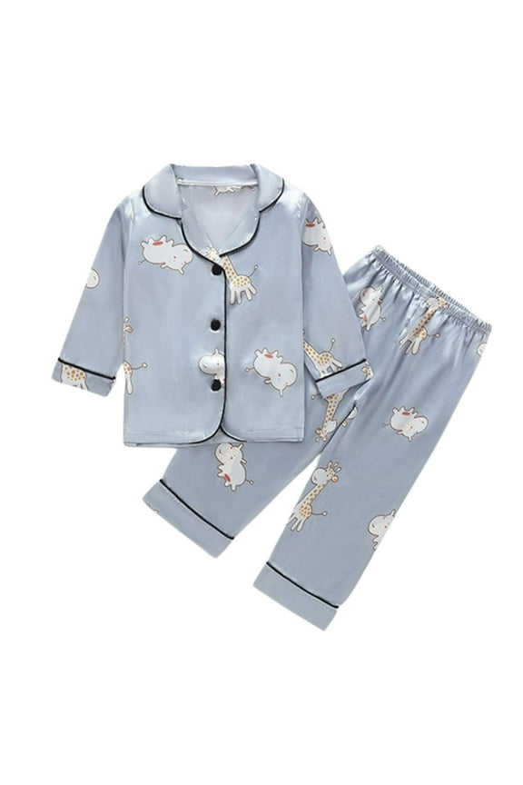 Baby Girls Pajama Set Two Piece Cartoon Satin Silk Long Sleeve Nightwear Button Down Pj Set Sleepwear Outfit