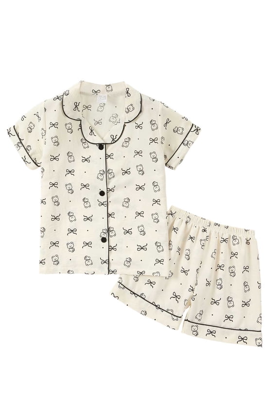 Baby Girls Pajama Set Two Piece Relaxed Cartoon Cute Lapel Button Down Nightdress Leisure Pj Set Sleepwear Outfit