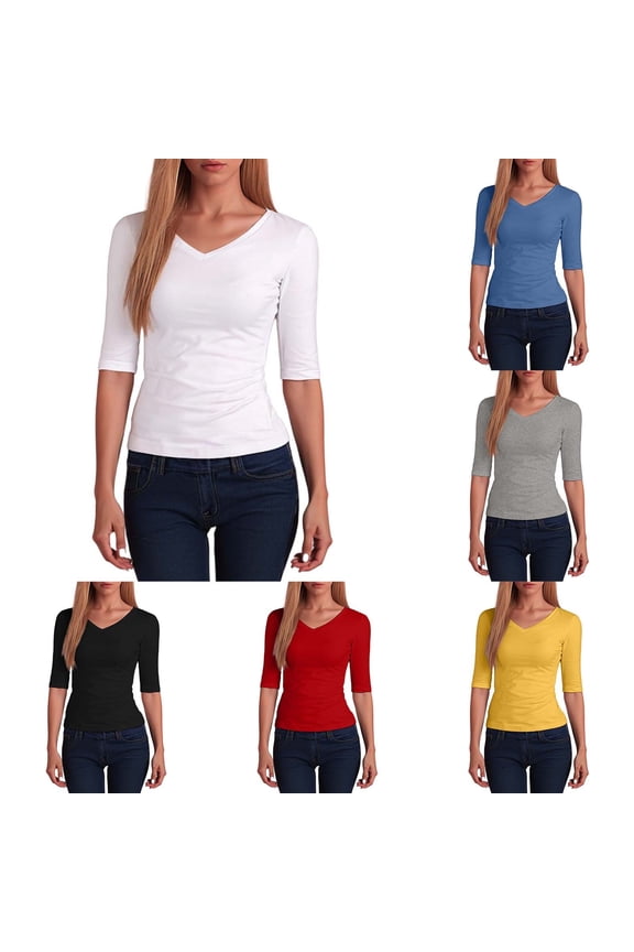 Basic Tops For Woman V Neck Elbow Sleeve Solid Color Fitted Shirts Casual Soft Everyday Tee