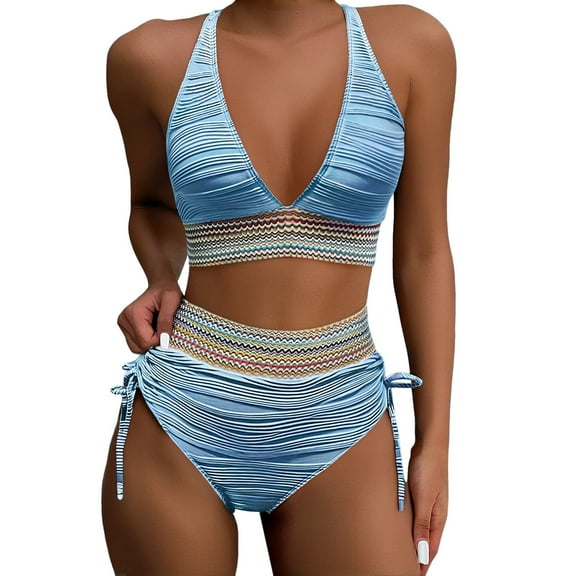 Xmyrz Bikinis Sets For Women Bathing Suits High Waisted Seaside Color Block Relaxation Two Piece Drawstring Swimwear Young Adult Swimsuits