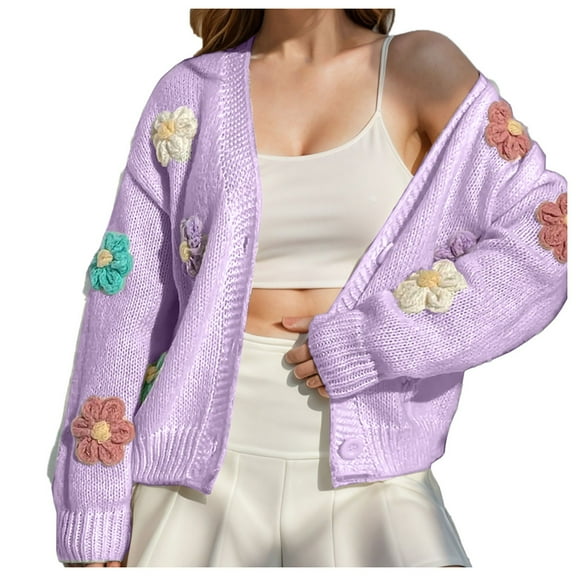 Xmyrz Cardigans For Women Trendy Baggy Adoravble Floral Print Knitted Sweater Button Up Outgoing Long Sleeve Cardigan Casual Tops