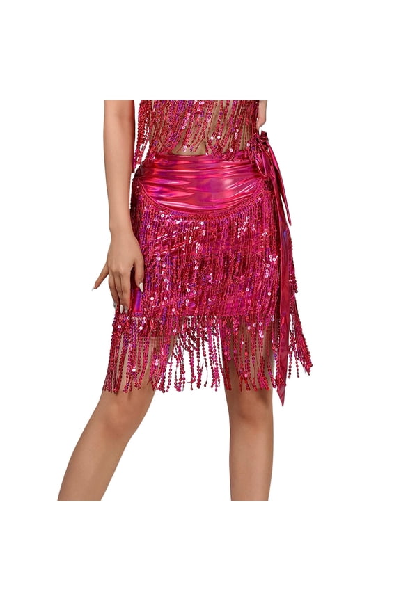 Carnival Sequin Skirt Women Belly Dance Fringe Scarf Skirt Glitters Metallic Performance Practice Holiday Skirts High Waist Cute Skirts