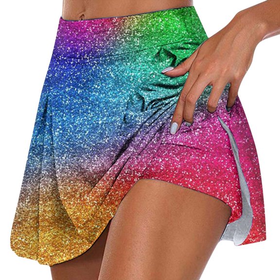 Xmyrz Carnival Sequin Skirt Women Glitter Printed Casual Double Layer Gym Skirt Elastic Band Culottes Holiday Skirts High Waist Cute Skirts
