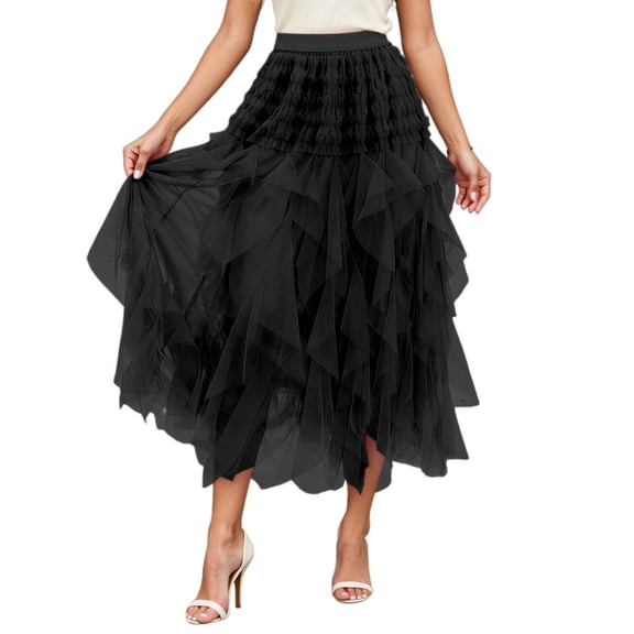 Xmyrz Carnival Tulle Skirts For Women Tutu Skirt Flowy Mesh Skirt Asymmetrical Hem Tiered Midi Length A Line Layered Peplum Holiday Skirts Cute Skirts