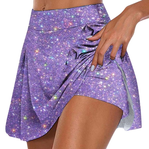 Xmyrz Carnival Womens Sequin Skirt Glitter Printed Casual Double Layer Gym Skirt Elastic Band Culottes Holiday Skirts High Waist Cute Skirts