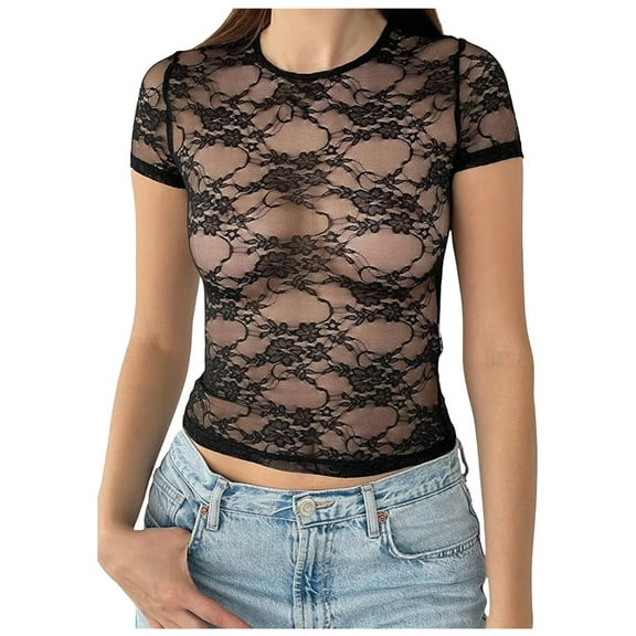 Xmyrz Casual Tops For Women Backless Crop Lace Transparent Short Sleeve Lightweight Breathable Outdoor Blouses Casual Blouse
