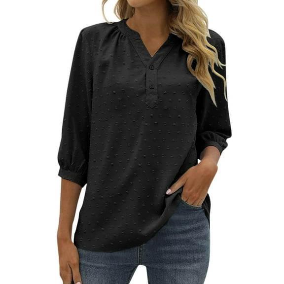Xmyrz Casual Tops For Women Button Down V-Neck Jacquard Three-Quarter Sleeves Leisure Refreshing Blouse Casual Blouses