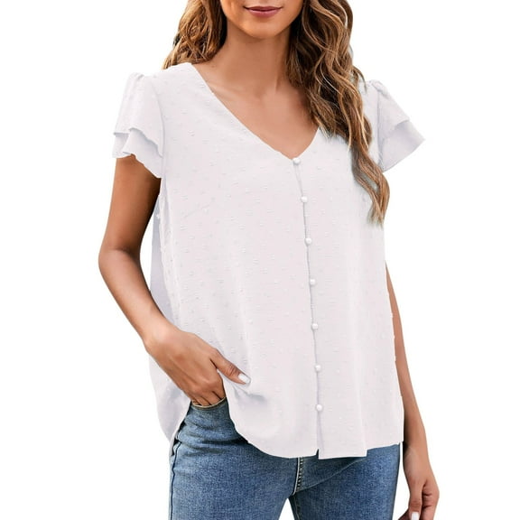 Xmyrz Casual Tops For Women Ruffles Short Sleeve Button Down Jacquard Chiffon Faddish Basic Style Blouse Casual Blouses