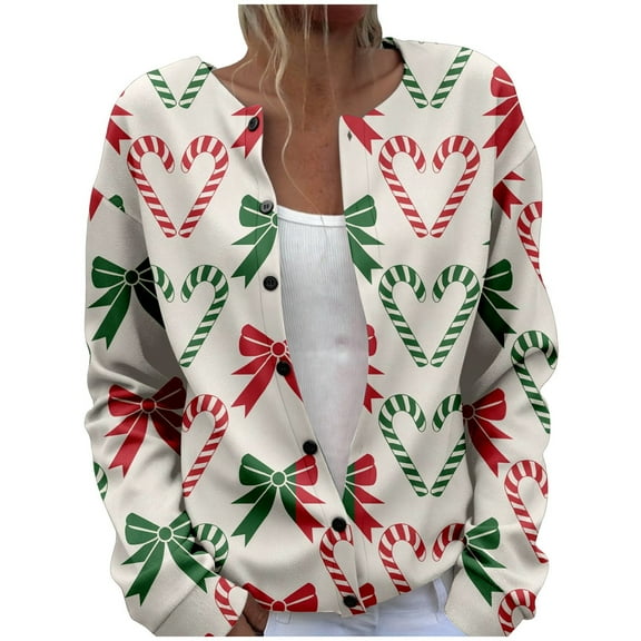 Xmyrz Christmas Womens Fall Jacket Faddish Breasted Skin-Friendly Going Out Print Leisure Long Sleeve Cardigan Jacket Top Coat Outerwear Jacket