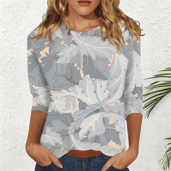 Xmyrz Crew Neck T Shirts for Womens 3/4 Sleeve Color Block Print Shirts Loose Fit Casual Tops Grey L