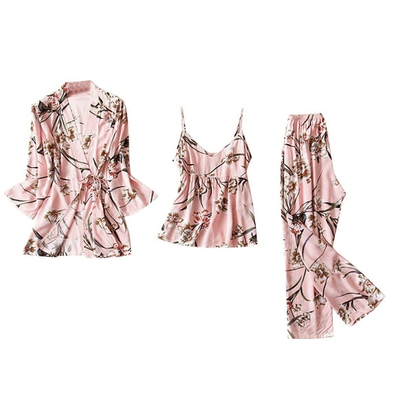 Xmyrz Cute Pajama Sets For Women 3Pc Silk Bed Gown Floral Print Relaxed Softable Breathable Sleepwear Outfit Pj Clothes Sets