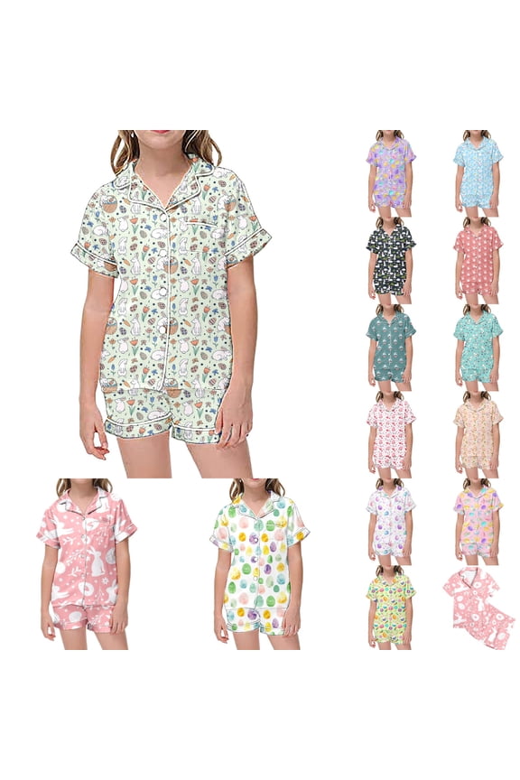 Easter Baby Girls Pajama Set 2PC Outfit Set Lapel Loose Fit Shorts Set Leisure Bunny Egg Pj Set Button Down Sleepwear
