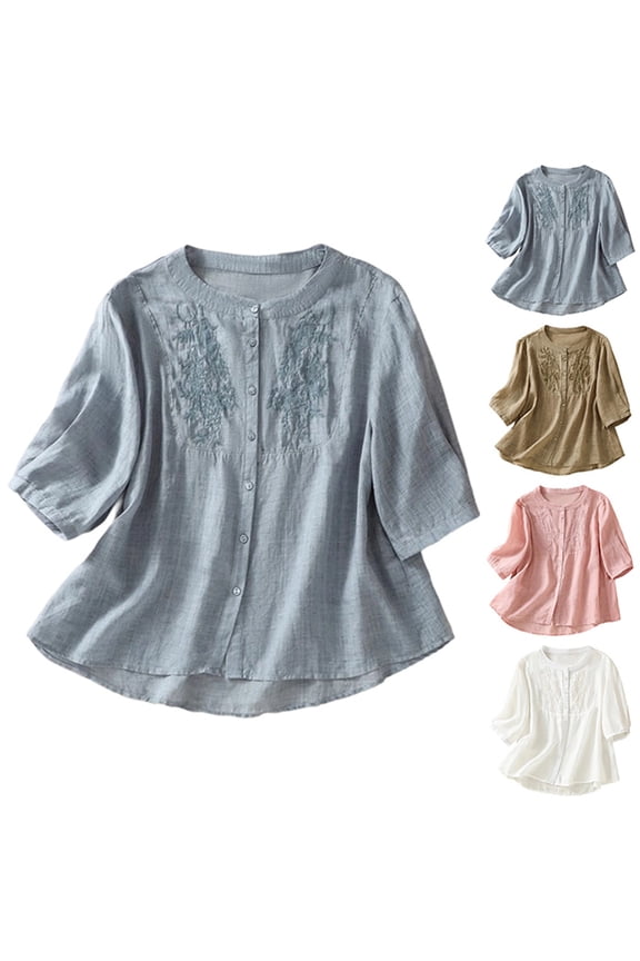 Embroidered Boho Tops For Women Cotton Linen Tops Boho Shirts Lightweight Pullover Shirt Summer Tshirts Retro Embroidered 3/4 Sleeve Boho Tops Summer Gauze Shirts Solid Color Pullover