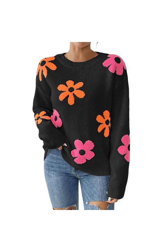 Fall Sweaters For Women Contrast Color Long Sleeve Floral Print Pullover Sweater Softable Cute Sweaters Knit Sweater