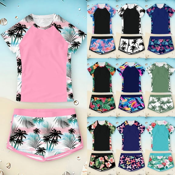 Xmyrz Girl's Two Piece Swimwear Set Summer Beach Pool Outfit Floral Print Round Neck Bikini Top With Shorts For Teen Girls 7-14Y