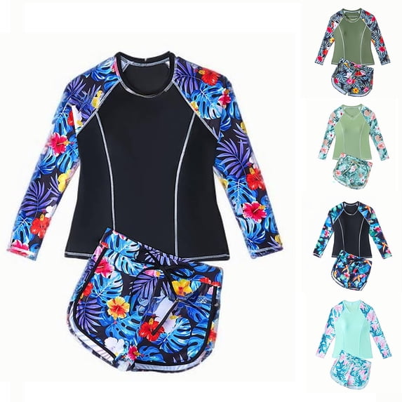 Xmyrz Girls Bathing Suit Two Piece Long Sleeves Rash Guard Athletic Swim Aztec Tankini Sets Bathing Suit Swimwear