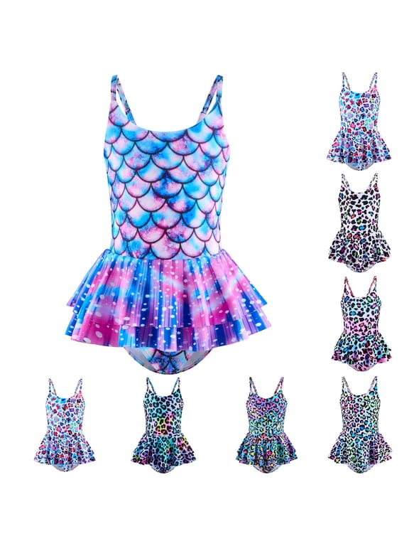 Girls Swimsuit One Piece Colorful Skirted Cute Pool Beach Swimsuit Beachwear