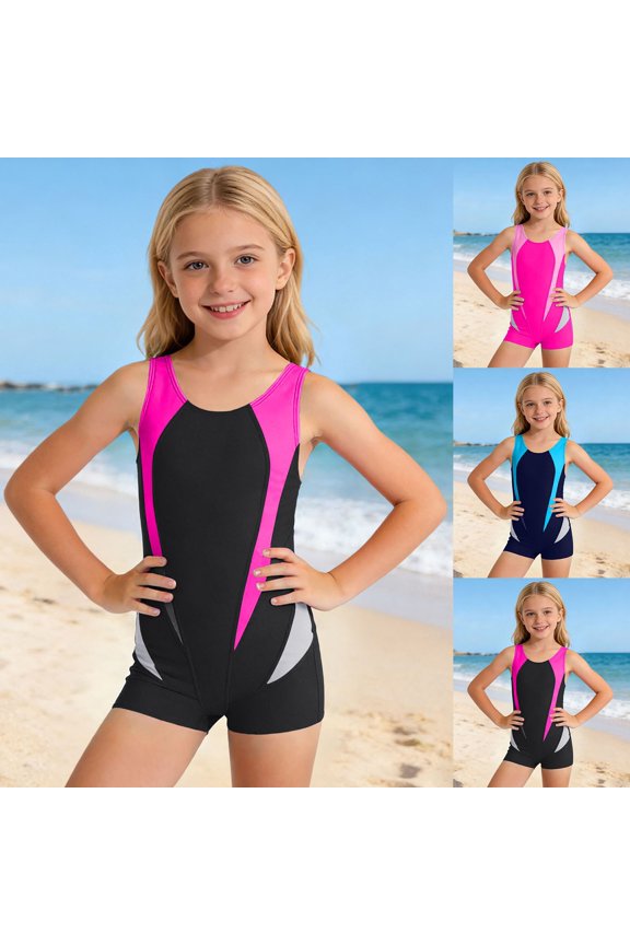 Girls Swimsuits Color Block Sleeveless Compression Boyshorts Sport One Piece Bathing Suit Training Swimwear