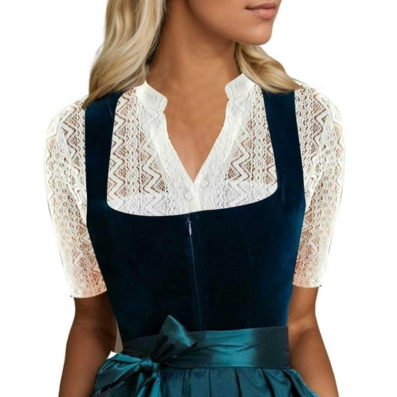 Xmyrz Going Out Tops For Women Oktoberfest Classic Design V Neck Holiday Short Sleeve Lace Versatile Blouse Casual Blouses