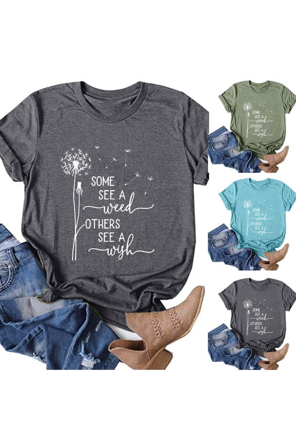 Graphic Tees For Women Casual Dandelion Letter Print Short Sleeve O Neck Loose Fashion Summer Solid Color T-Shirt Cute Flower Tunic Tops