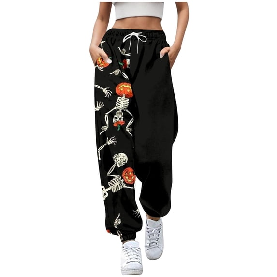 Xmyrz Halloween Casual Pants For Women Print Athleisure Relaxation Stretch Bat Cartoon Winter Lace Up Sweatpants Lounge Pants Casual Trouser