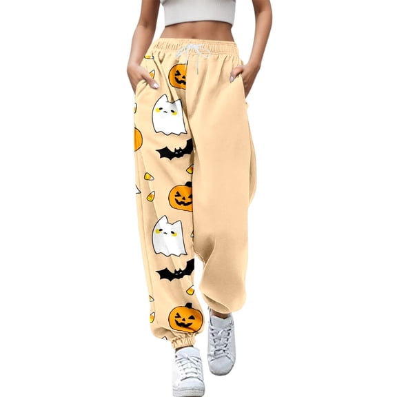 Xmyrz Halloween Casual Pants For Women Sweat Pants Buched Ghost Leisure Adorable Stylish Pumpkin Pockets Print Lounge Pants Casual Trouser