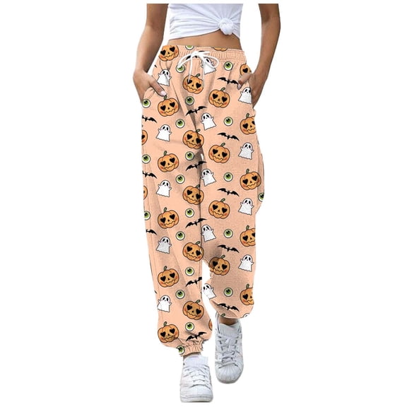 Xmyrz Halloween High Waisted Pants For Women Winter Bat Lace Up Printed Pumpkin Tapered Sweatpants Elasticity Ghost Lounge Pants Casual Trouser