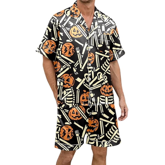 Xmyrz Halloween Lounge Sets For Men Pajama Set Softable Print Relaxed Fit Button Up Casual Ghost Short Sleeve Trendy Pumpkin Loungewear Pj'S Sleepwear Outfit