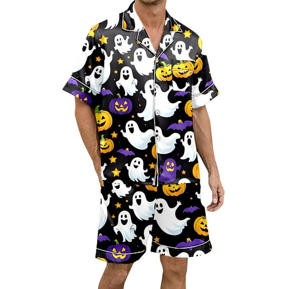 Xmyrz Halloween Mens Pajamas Sets Button Up Softable Print Pumpkin Loungewear Casual Trendy Relaxed Fit Short Sleeve Ghost Pj'S Sleepwear Outfit