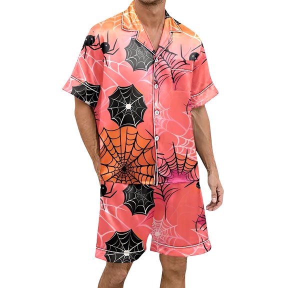 Xmyrz Halloween Mens Pajamas Sets Trendy Softable Casual Short Sleeve Print Loungewear Relaxed Fit Ghost Pumpkin Button Up Pj'S Sleepwear Outfit