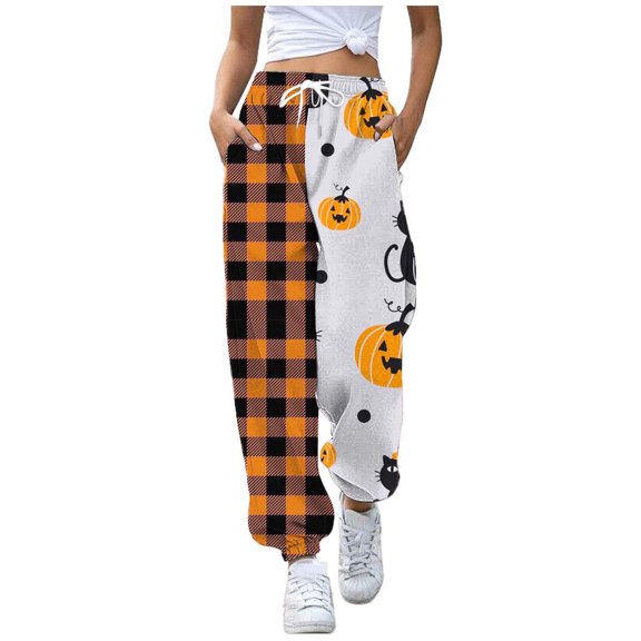 Xmyrz Halloween Pants For Women Winter Printed Sweatpants Ghost Elasticity Tapered Pumpkin Bat Lace Up Lounge Pants Casual Trouser