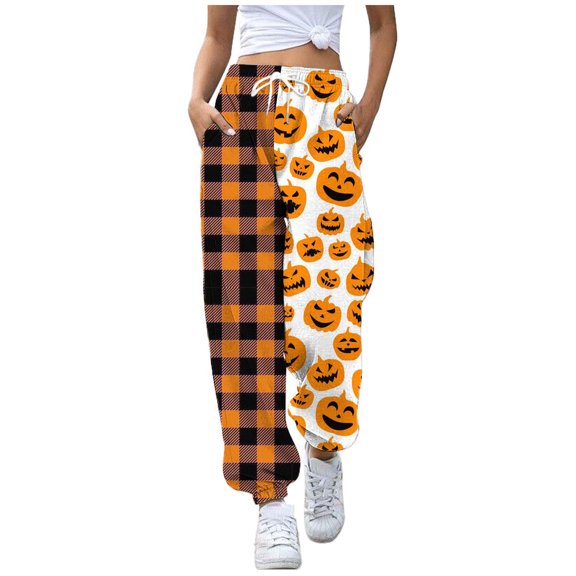 Xmyrz Halloween Trousers Pants For Women Winter Printed Sweatpants Ghost Elasticity Tapered Pumpkin Bat Lace Up Lounge Pants Casual Trouser