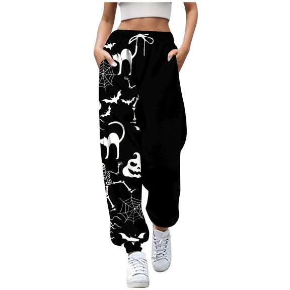 Xmyrz Halloween Womens Casual Pants Print Athleisure Relaxation Stretch Bat Cartoon Winter Lace Up Sweatpants Lounge Pants Casual Trouser