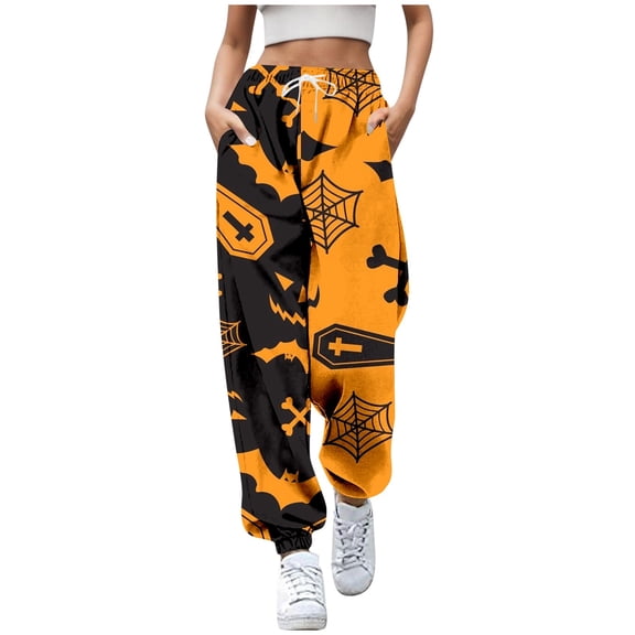 Xmyrz Halloween Womens Casual Pants Relaxation Bat Lace Up Print Sweatpants Stretch Cartoon Winter Athleisure Lounge Pants Casual Trouser