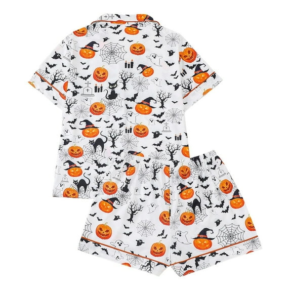 Xmyrz Halloween Womens Pajamas Sets Faddish Shorts Set Pumpkin Comfort Print Short Sleeve Baggy Button Up Homewear Pj'S Sleepwear Outfit