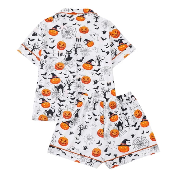 Xmyrz Halloween Womens Pajamas Sets Faddish Shorts Set Pumpkin Comfort Print Short Sleeve Baggy Button Up Homewear Pj'S Sleepwear Outfit