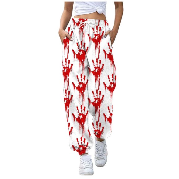 Xmyrz Halloween Womens Pants Elasticity Sweatpants Trendy Printed Tapered Bloody Winter Lace Up Lounge Pants Casual Trouser