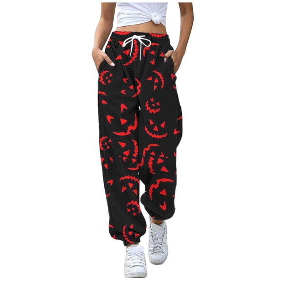 Xmyrz Halloween Womens Pants Printed Elasticity Tapered Lace Up Pumpkin Winter Sweatpants Bat Ghost Lounge Pants Casual Trouser