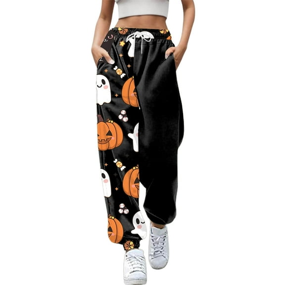 Xmyrz High Waisted Pants For Women Printed Sweatpants Suitable Halloween Outdoor Thin Elastic Waist Stylish Lounge Pants Casual Trouser