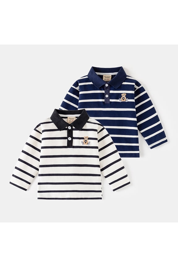 Xmyrz Kids Boys Tops Striped Lapel Long Sleeve Polo Shirt Casual Formal Button Down Tee Navy 5-6 Y