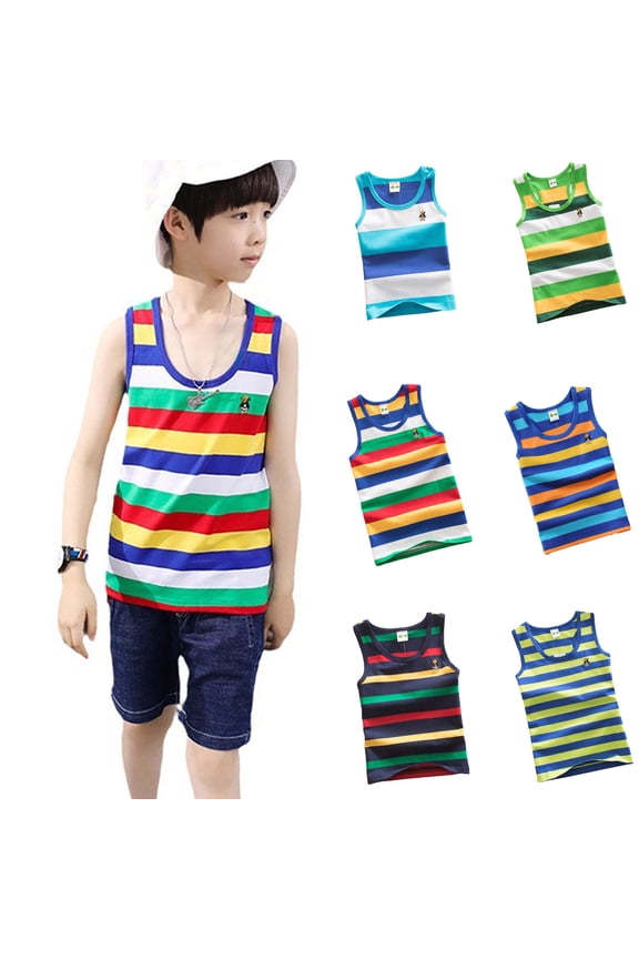 Xmyrz Kids Boys Tops Summer Sleeveless Elastic Tank Top Rainbow Striped Print Tee Black 5-6 Y