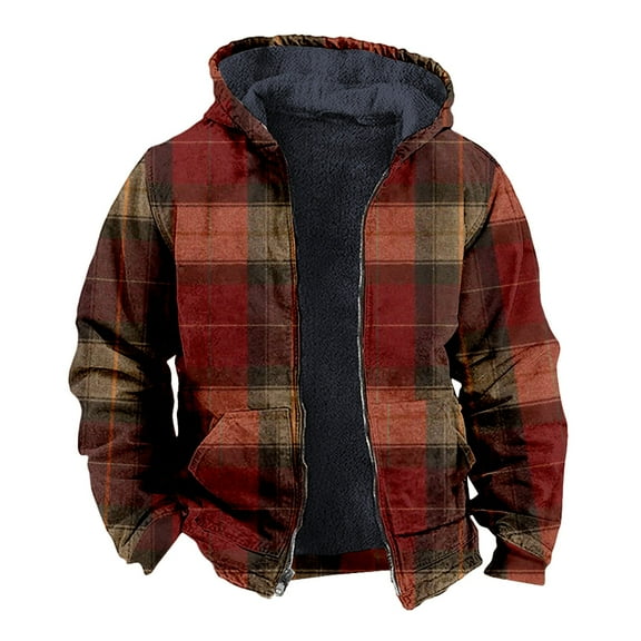 Xmyrz Light Jackets For Men Christmas Plaid Printed Casual Long Sleeve Zipper Pocket Hooded Fleece Jacket Top Coat Outerwear Jacket