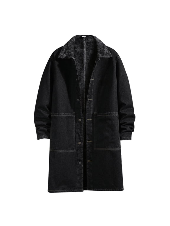 Lightweight Jacket Men Long Sleeve Denim Trenchcoat Trendy Fitted Holiday Fleece-Lined Men'S Coats Outerwear Jacket