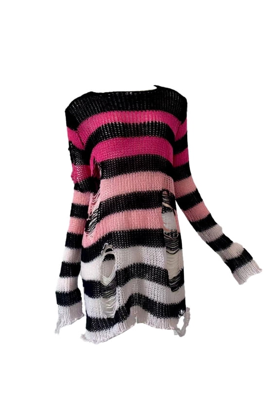 Lightweight Sweaters For Women Broken Hole Ripped Mid Length Stripe Gradient Loose Punk Winter Long Sleeve Cute Sweaters