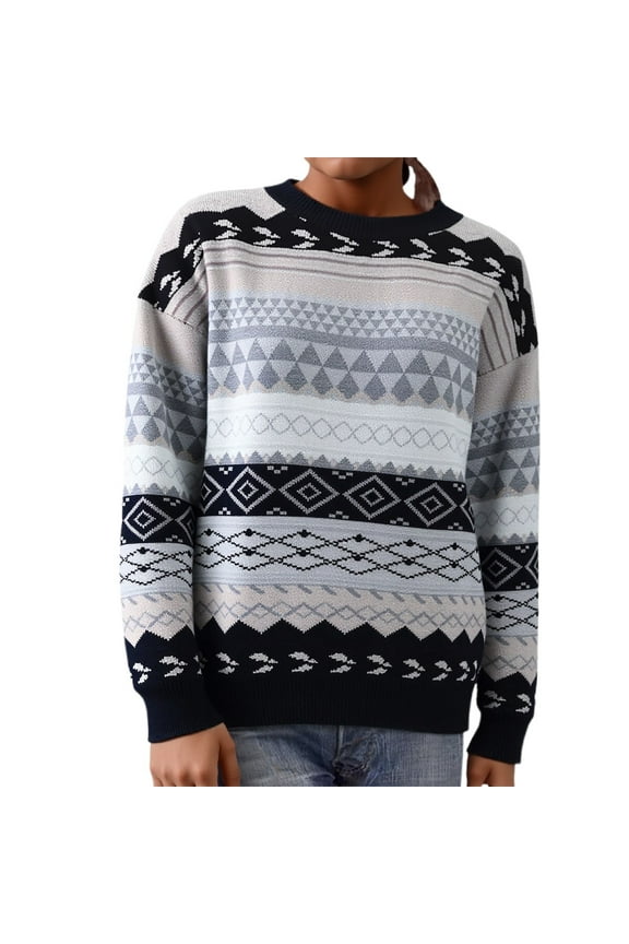 Lightweight Sweaters For Women Pullover Sweater Loose Fit Geometric Print Long Sleeve Color Block Fitted Cute Sweaters Knit Sweater