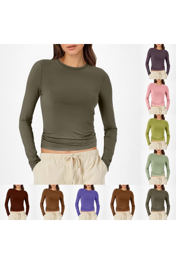 Long Sleeve Shirts For Women Trendy Crewneck Slim Fit Basic Crop Top Underwear Layer Y2K Going Out Top