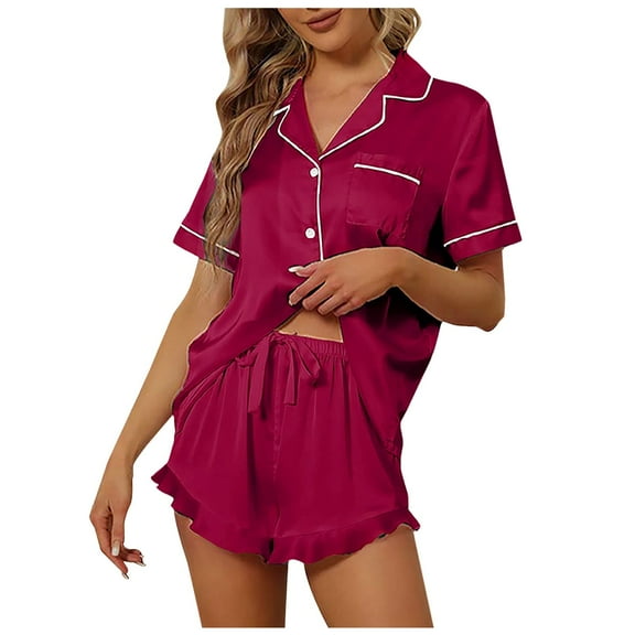 Xmyrz Lounge Sets For Women Pajama Set Stylish Solid Lapel Homewear Button Down Shorts Set Tie Short Sleeve Pj'S Sleepwear Outfit