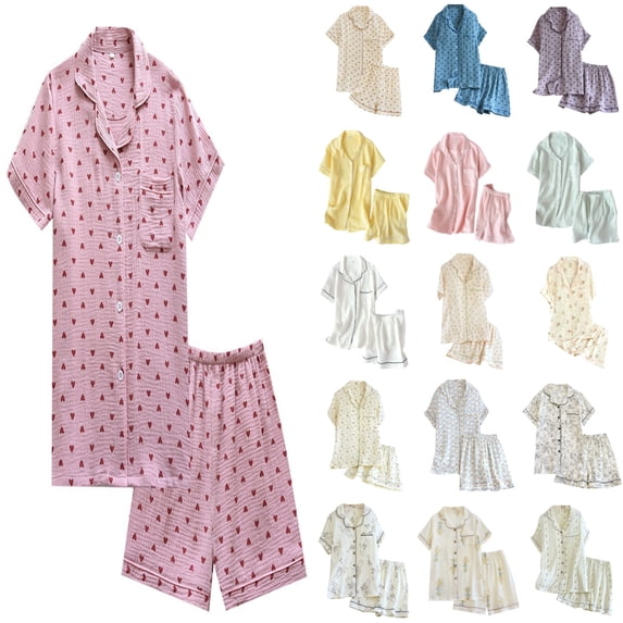 Xmyrz Lounge Sets For Women Pajama Set Turn Down Collar Relaxed Fit Short Sleeve Pure Color Slim Fit Bed Gown Pj'S Sleepwear Outfit