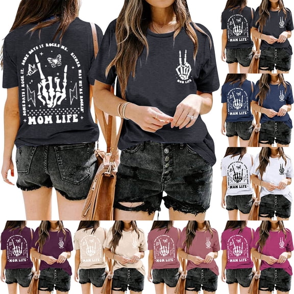 Xmyrz Mama Shirts For Women Mom Life Print Crew Neck Short Sleeve Skeleton Rocker Graphic Tee Casual Funny Summer Top