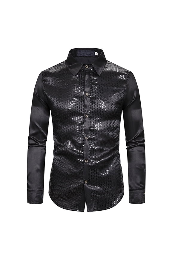 Men Dress Shirt Sequins Long Sleeve Button down Shirt Disco Party Nightclub Prom Costume L